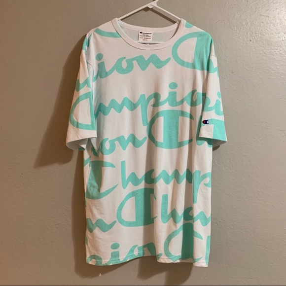 Men’s White Chamipion Heritage Athletic Apparel With Turquoise Blue Lettering - Picture 1 of 5